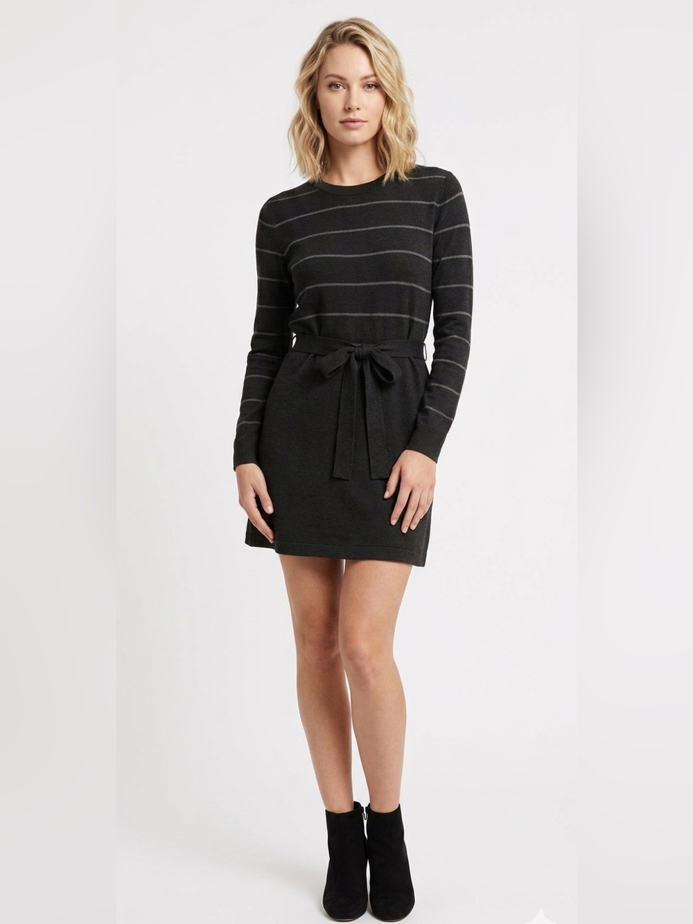 Theory Black Striped Long Sleeve Tie-Waist Mini Dress